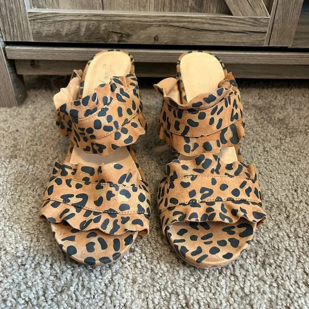 Leopard Print Ruffle Strap Block Heel Mules - Brown - Picture 3 of 13